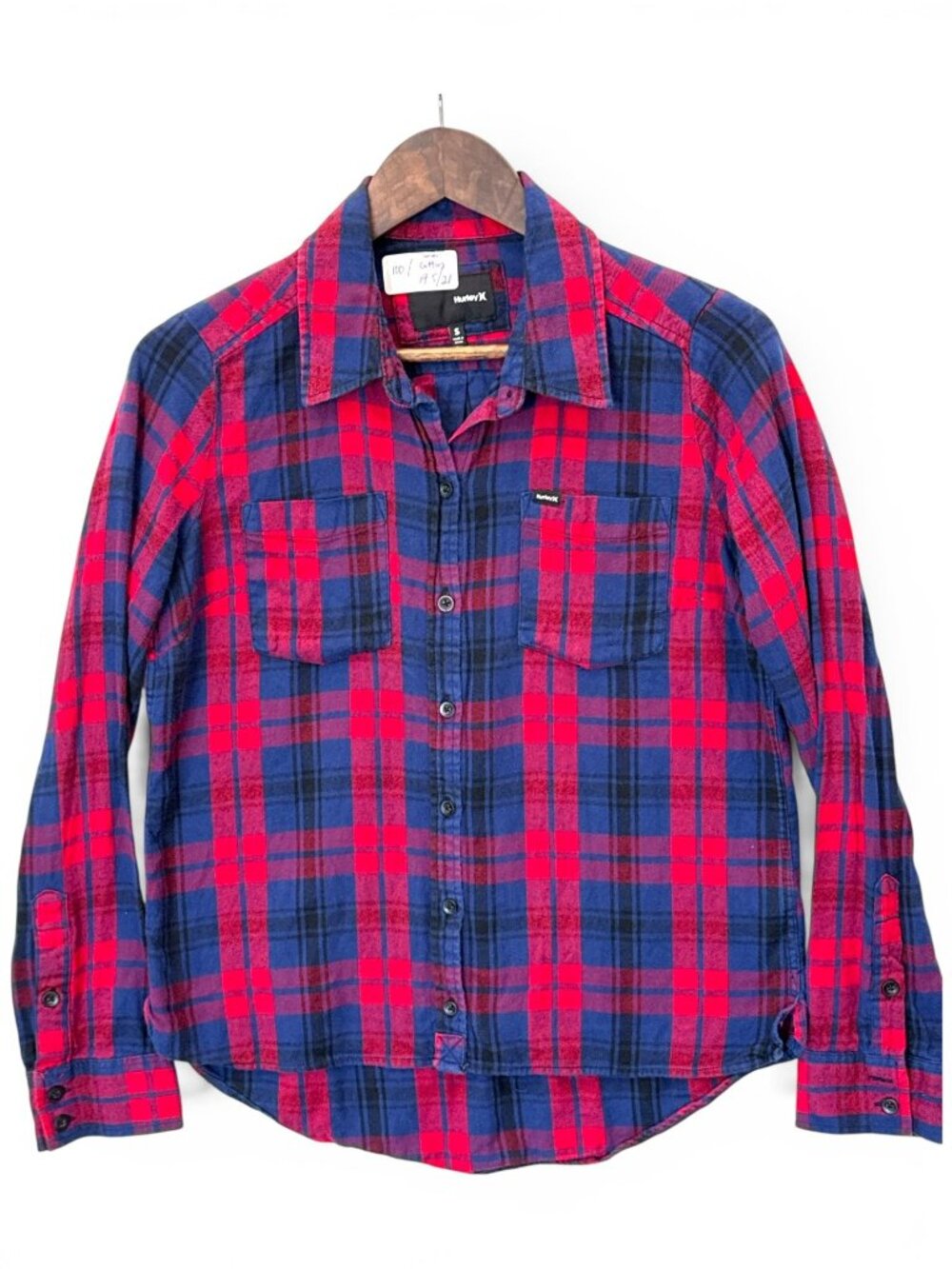 Hurley Red & Blue Plaid Long Sleeve Button-Up Shirt With Dual Chest Pockets 100